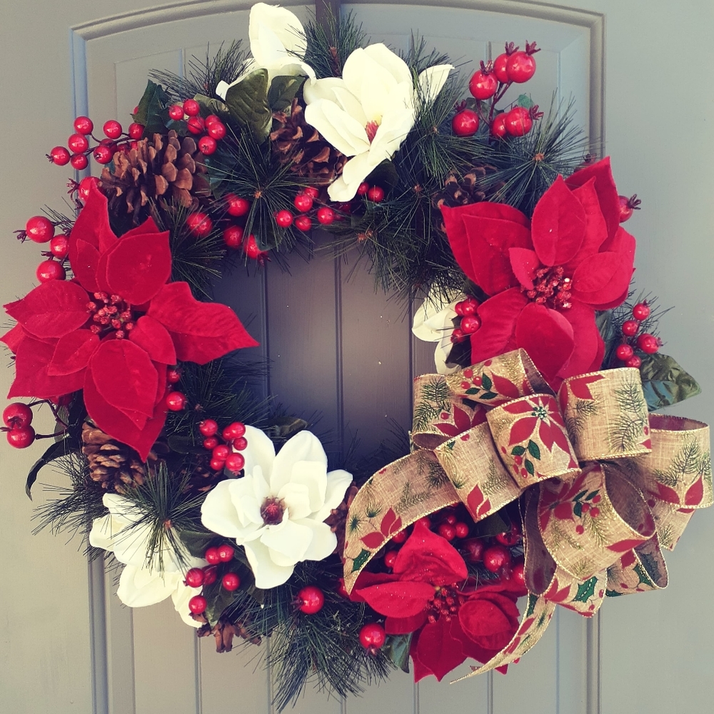 Evergreen, poinsettia, and magnolia Christmas Wreath